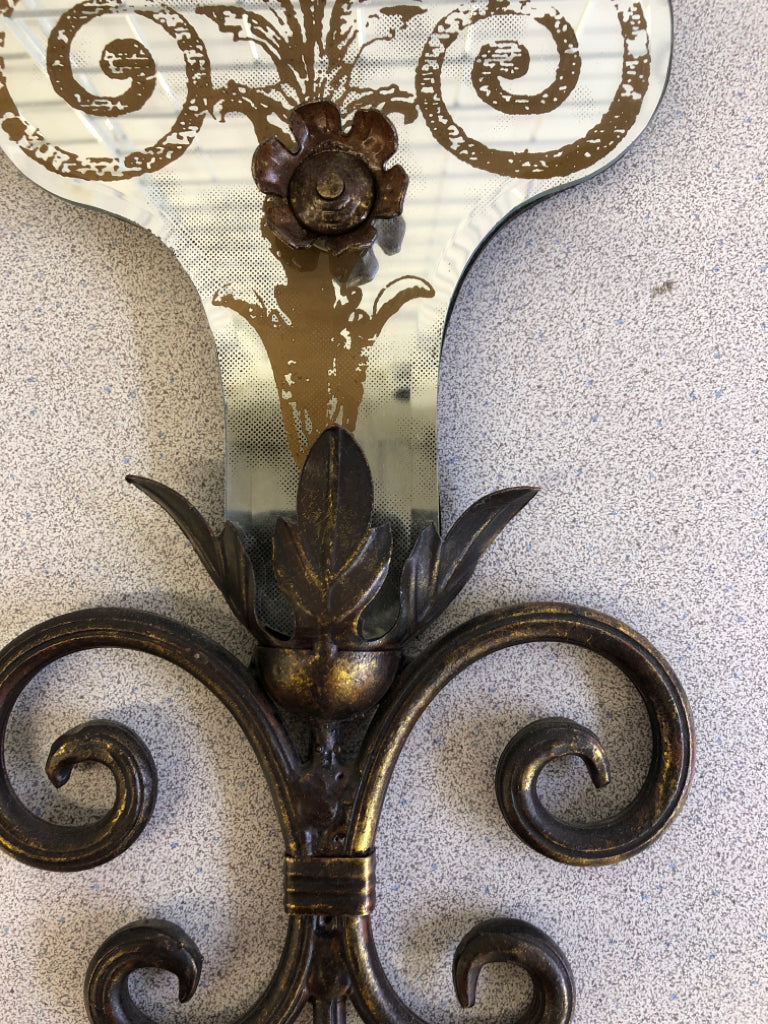 BRONZE MIRRORED SCROLL WALL SCONCE.