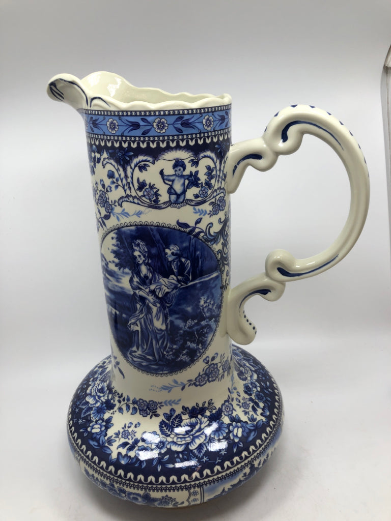 VTG BLUE/WHITE TALL DETAILED PITCHER.