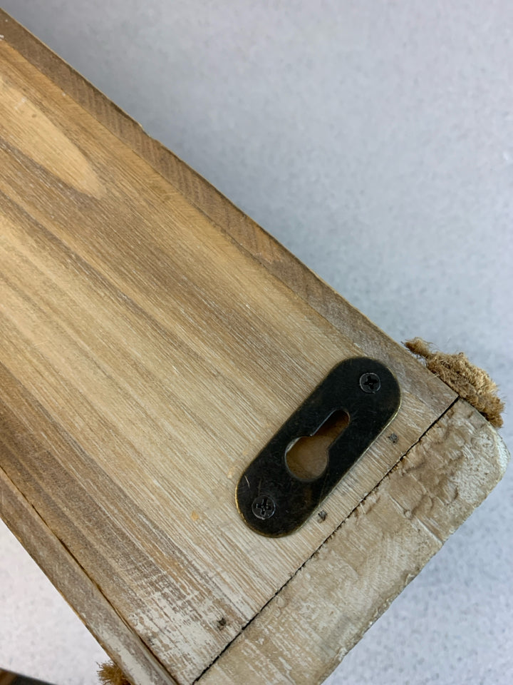 DISTRESSED WOODEN BLOCK SHELF W/ROPE ON CORNERS.