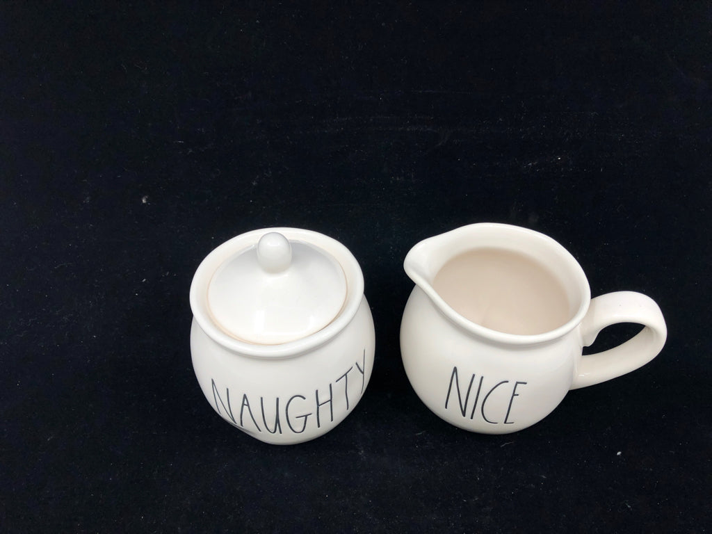 RAE DUNN NAUGHTY/NICE SUGAR + CREAMER SET.