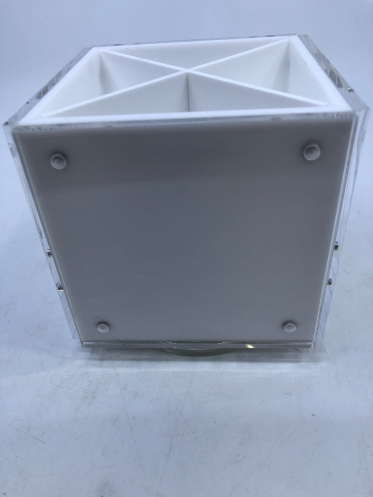 WHITE SQUARE LAZY SUSAN DIVIDED PENCIL HOLDER.