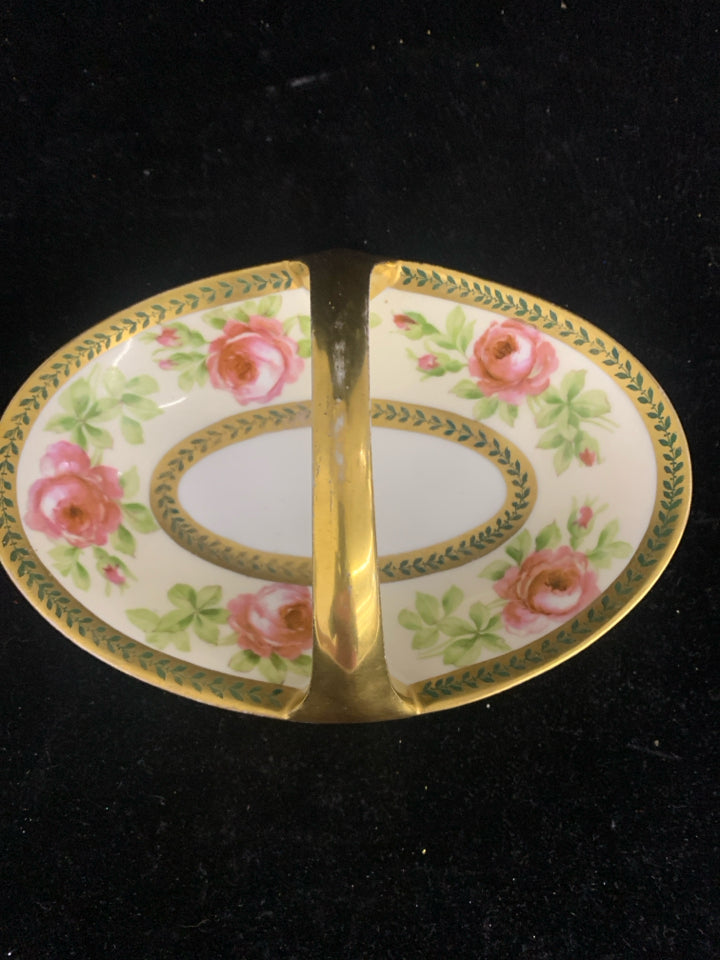 VTG OVAL DISH W PINK ROSES/GOLD ACCENTS AND HANDLE.