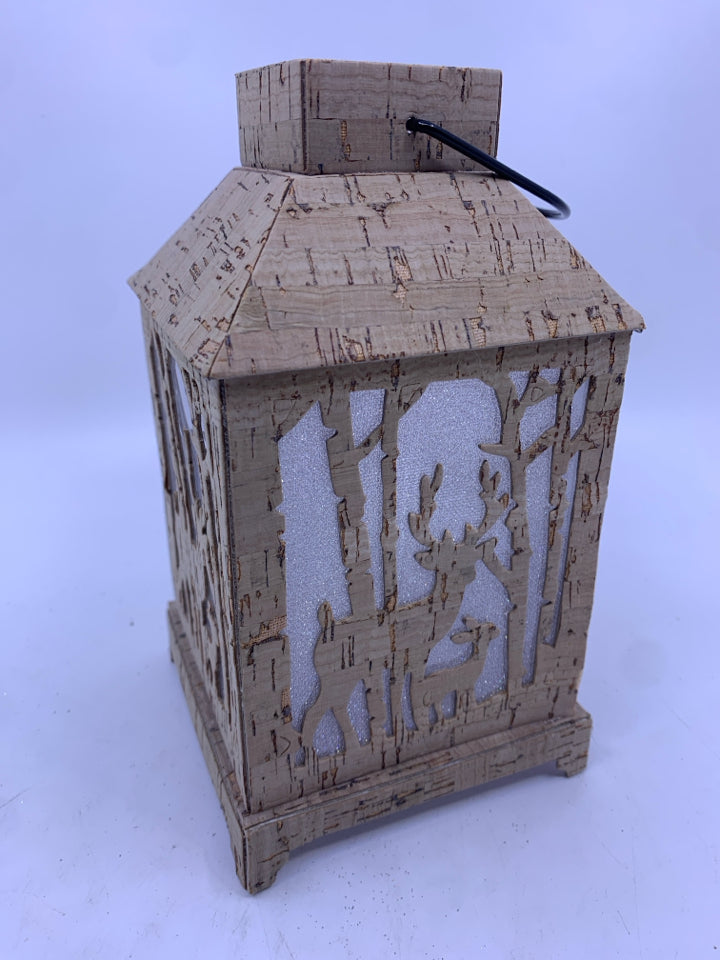 CORK SMALL LANTERN W/ DEER CUT OUTS LIGHT UP.