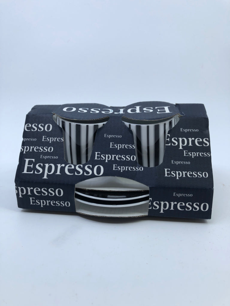 NIP 4 PC WHITE W/ BLACK STRIPES ESPRESSO CUPS.