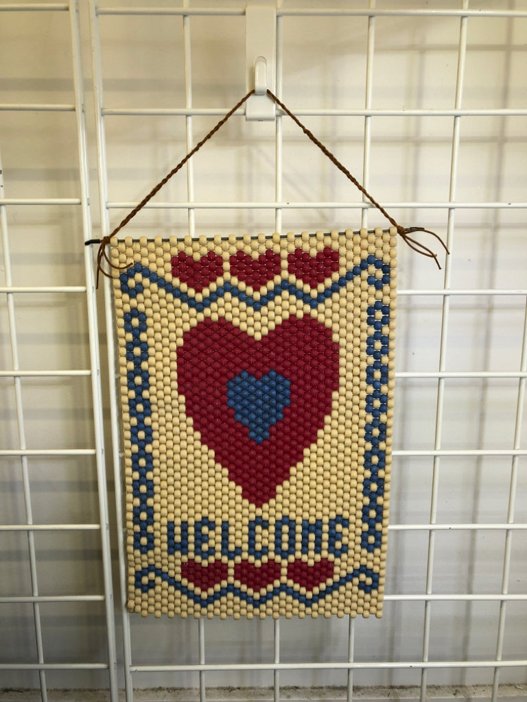 VTG BEADED WELCOME BANNER W/RED & BLUE HEART.