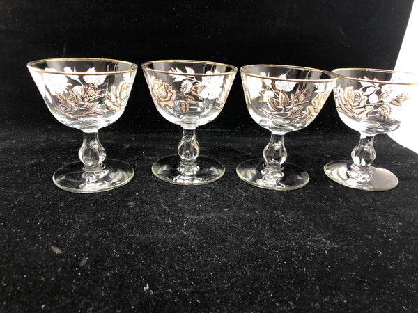 4 GOLD AND ROSE ETCHED DESSERT GLASSES.