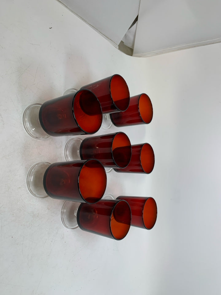 8 CLEAR BASE W/ RED TOP CORDIAL GLASSES.