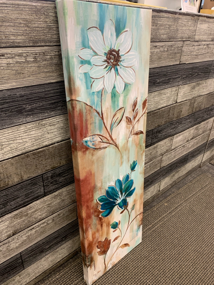 CANVAS WALL HANGING TEAL/BROWN WHITE FLOWERS.