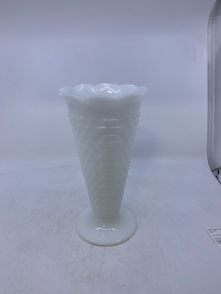 FOOTED HOBNAIL MILK GLASS VASE W/ RUFFLED EDGE.