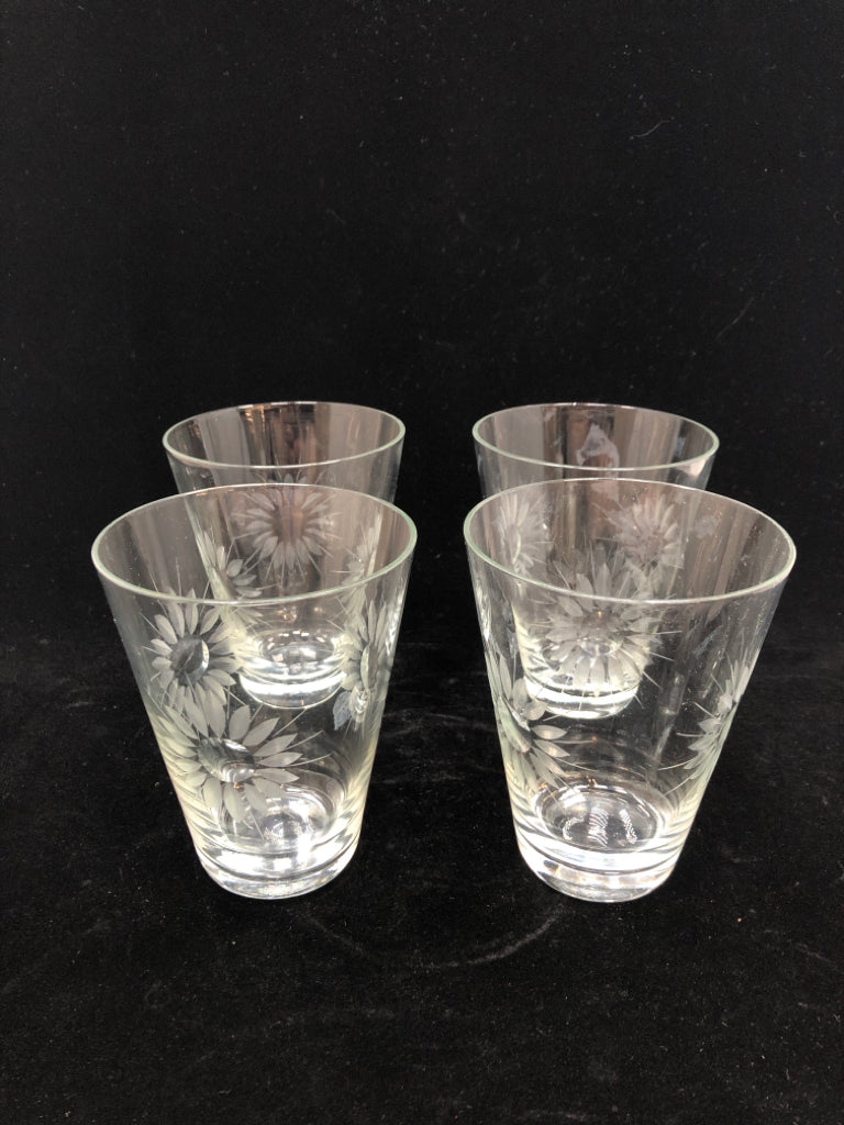 4 SUNFLOWER ETCHED DRINKING GLASSES.