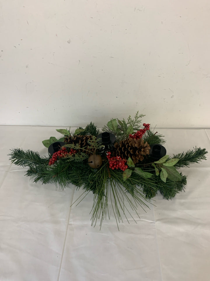 3 CANDLE CENTER PIECE W/ PINE CONES/CRANBERRIES.