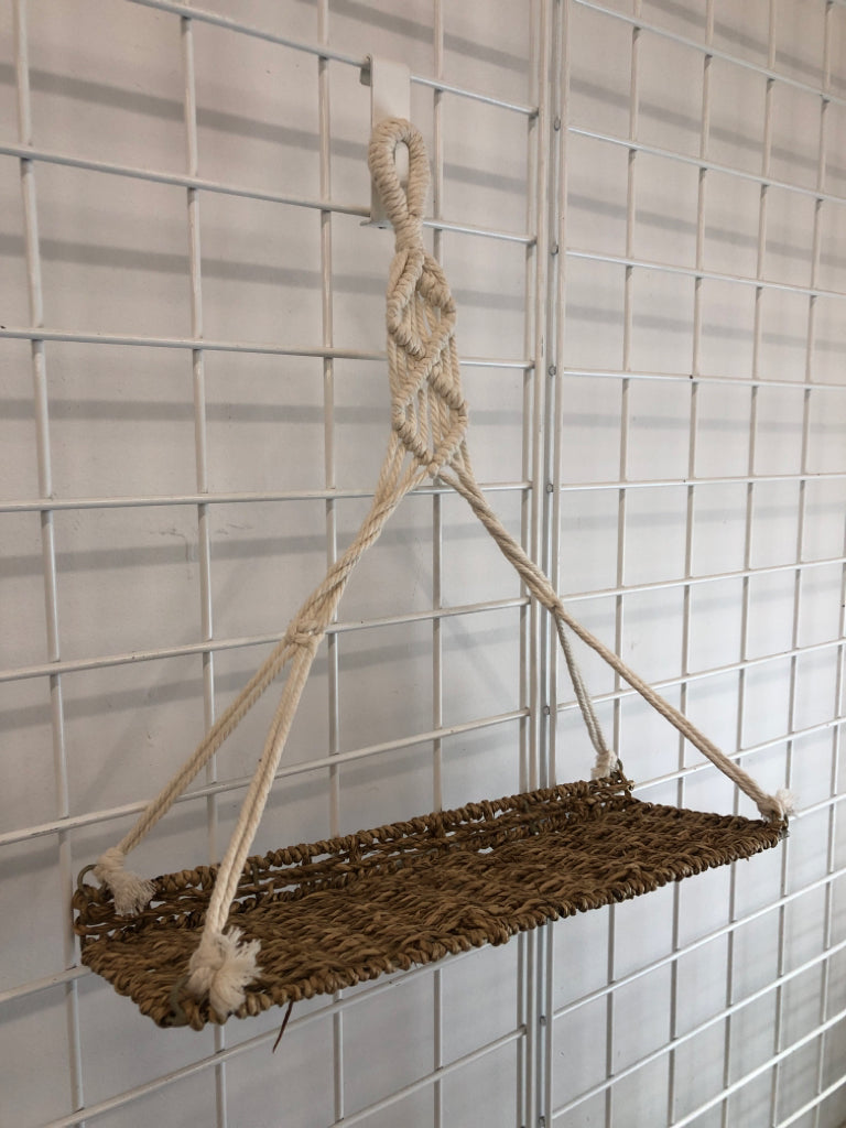 MACRAME HANGING SHELF W WOVEN BOTTOM.