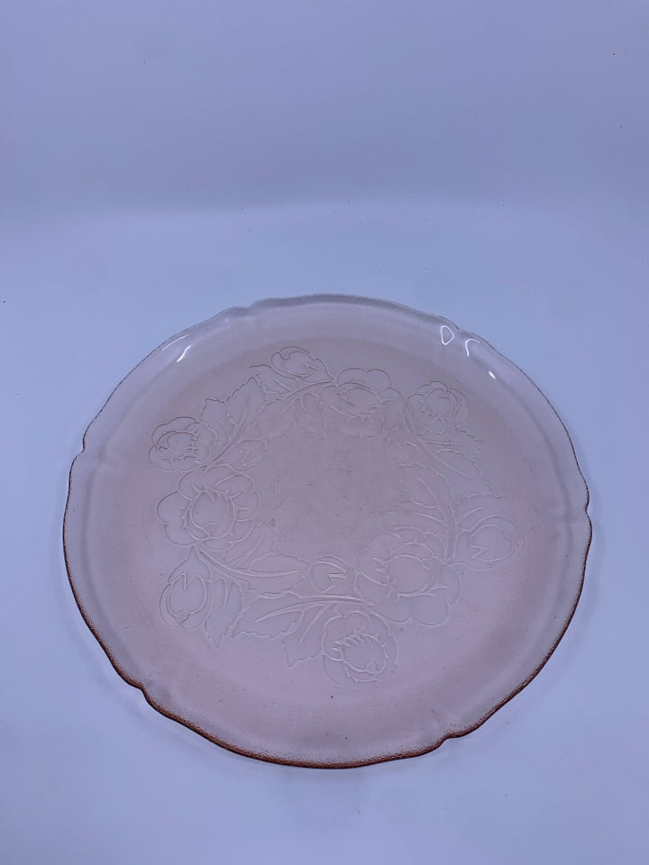 ARCOROC PINK GLASS PLATTER W/ EMBOSSED FLOWERS.