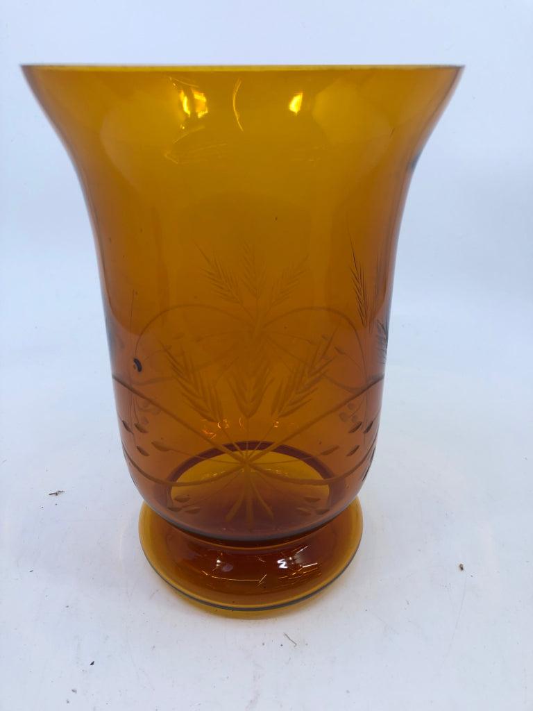AMBER GLASS VASE W/ETCHED WHEAT DESIGN.