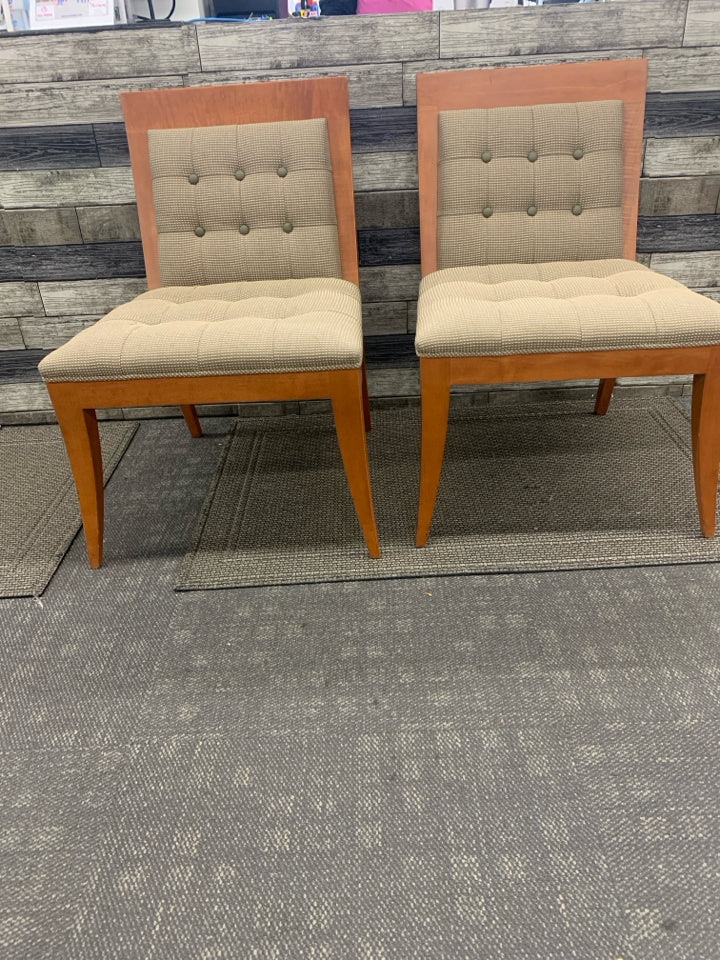 2 WOOD BASE ACCENT CHAIRS W GREEN AND CREAM PADDING.