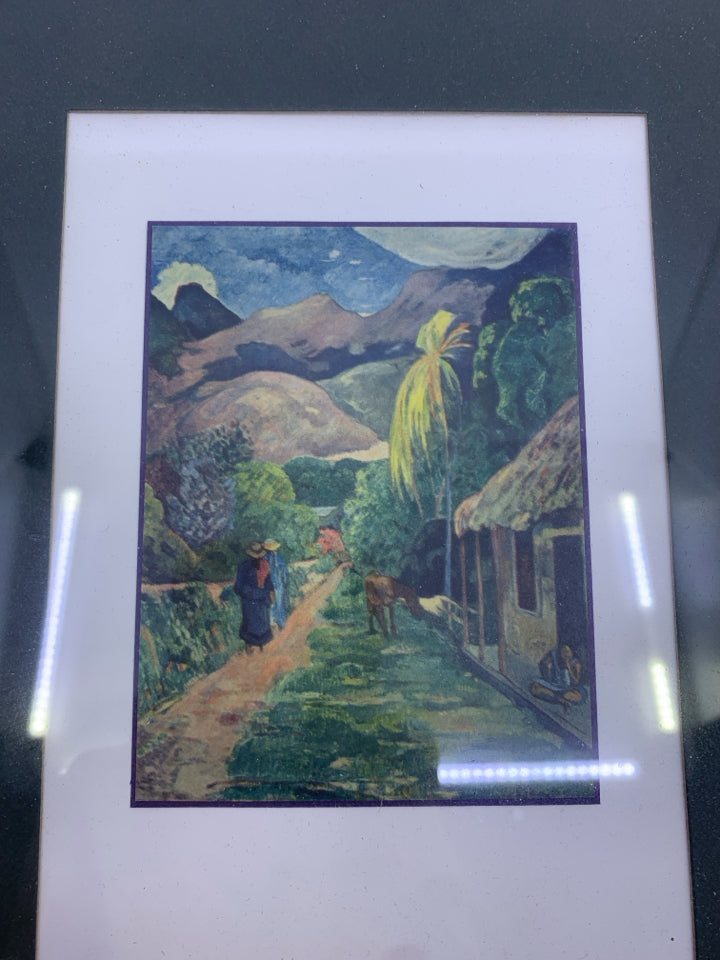 MOUNTIAN SCENE W COUPLE AND CATTLE IN WOOD FRAME WALL ART.