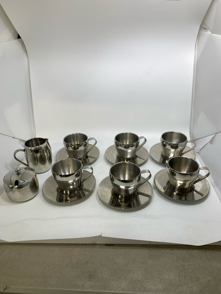 14 PC SVC 6 STAINLESS STEAL CUPS & SAUCERS W/ SUG/CREAMER MEGA EURO.