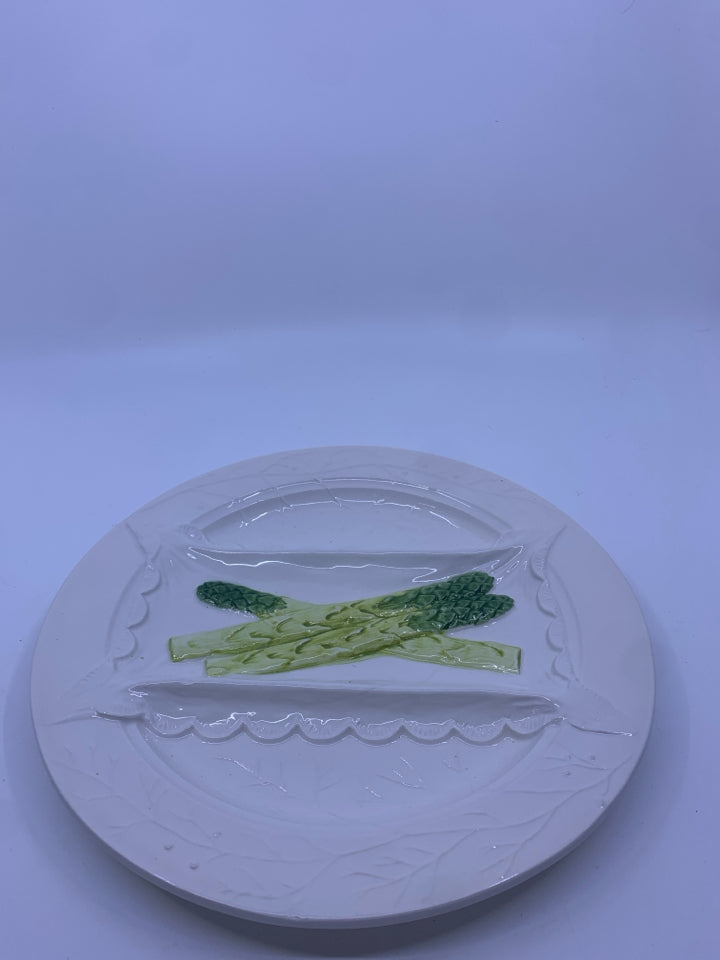 CREAM VINE EMBOSSED W GREEN ASPARAGUS DISH.