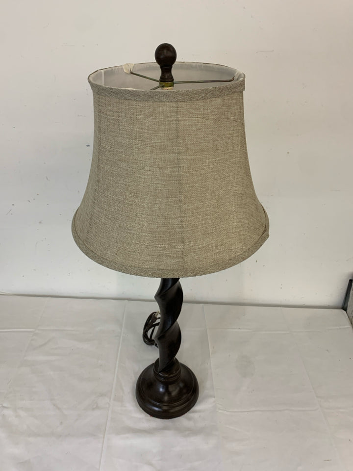 TALL BROWN SWIRL BASE LAMP W CREAM SHADE.