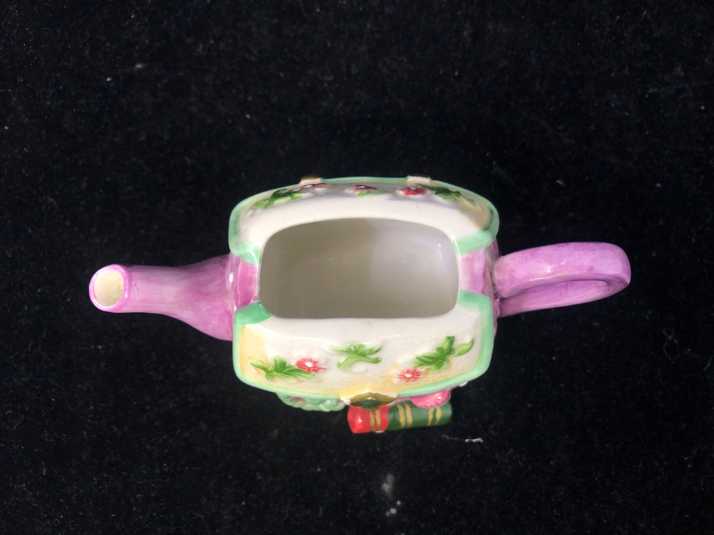 DECORATIVE TEAPOT PURSE WITH PURPLE/GREEN.