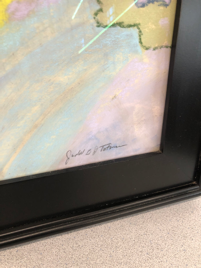 PURPLE PASTEL ABSTRACT ART- SIGNED IN BLACK WOOD FRAME.