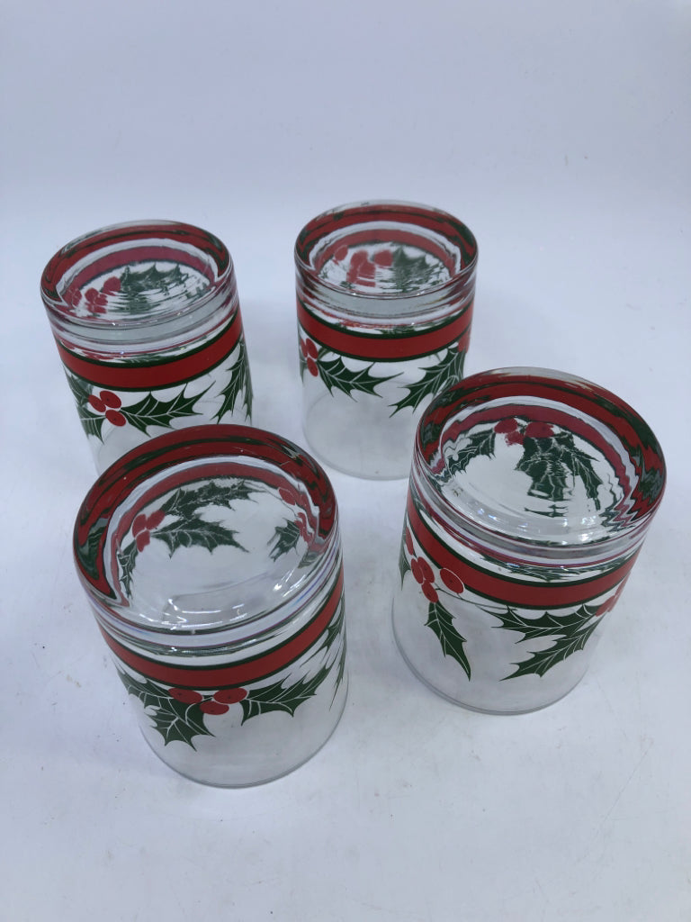 4 HOLLY SHORT WATER GLASSES.