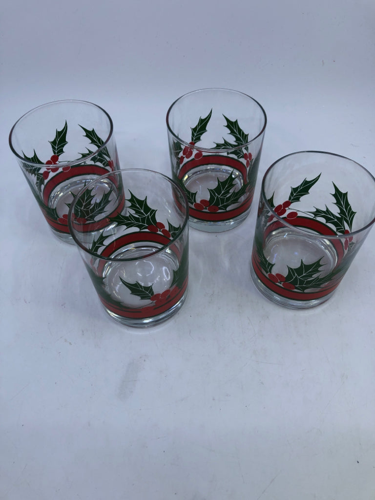4 HOLLY SHORT WATER GLASSES.
