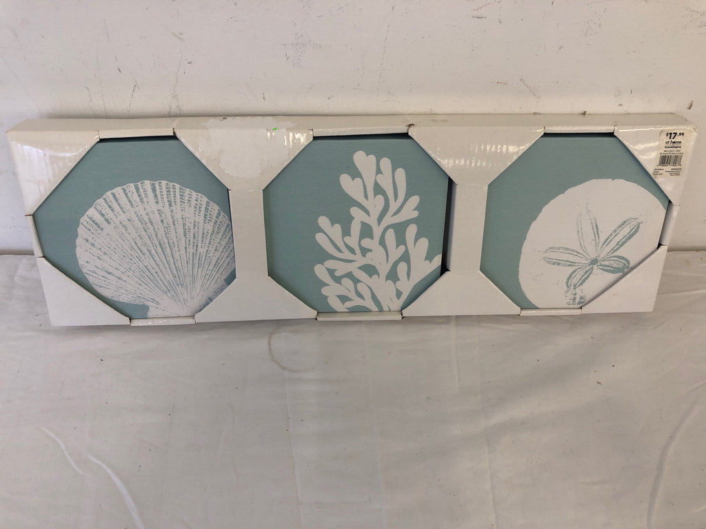 NEW 3PC TEAL SEASHELL CANVAS WALL ART.