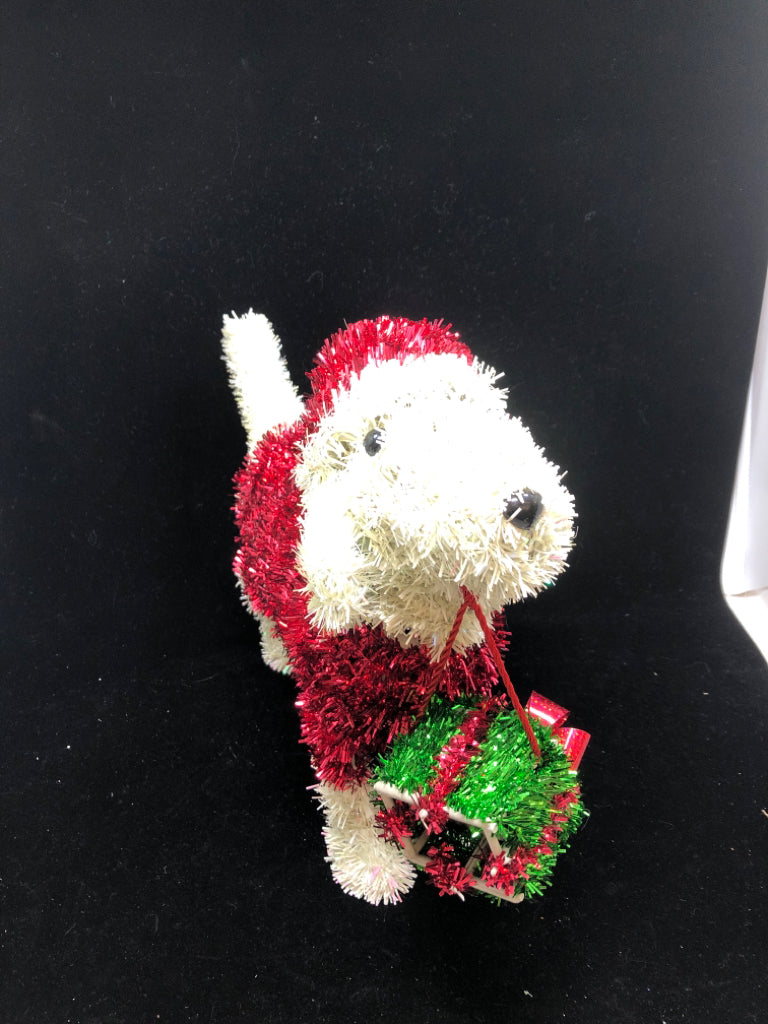 TINSEL DOG WITH PRESENT.