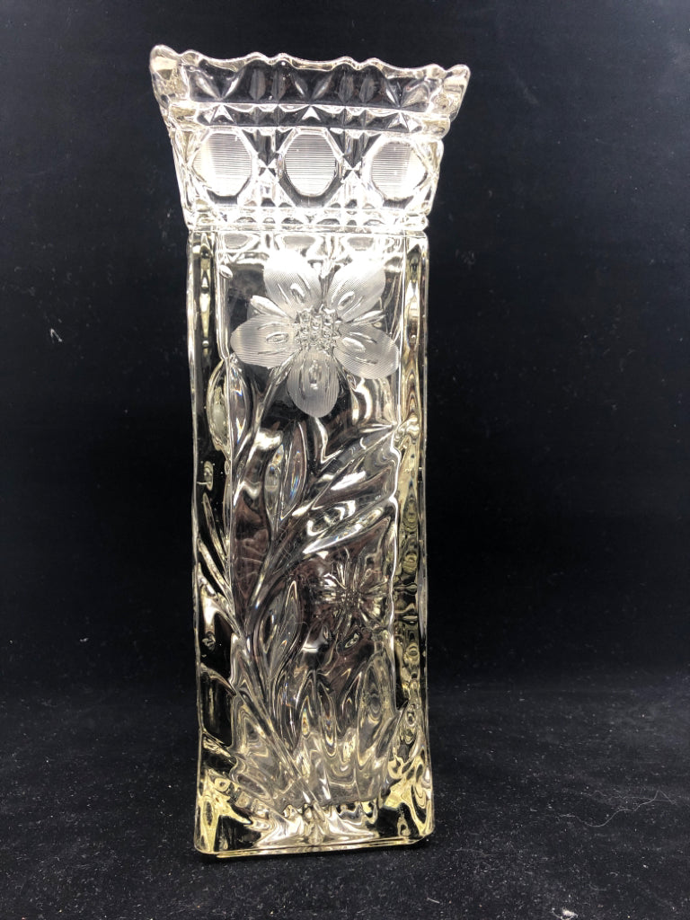 CUT GLASS HEAVY VASE EMBOSSED FLORAL FLARED TOP.