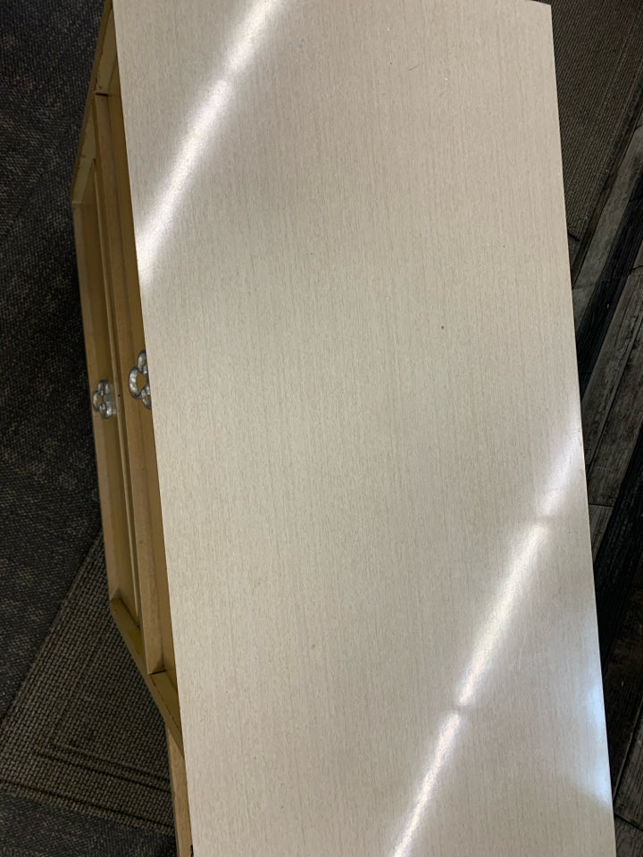 VTG BLONDE DESK W 3 DRAWERS.