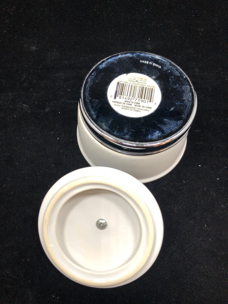 WHITE CERAMIC CANISTER W/LID AND CHROME BASE.