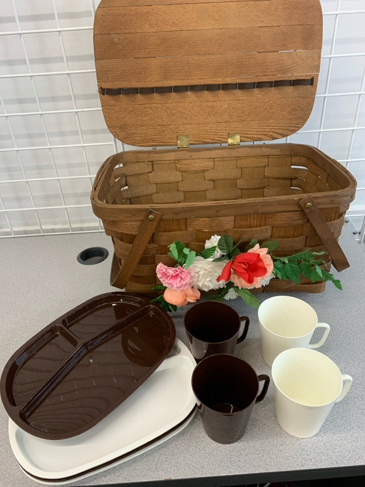 FLORAL PICNIC BASKET W/ CREAM & BROWN PLATES & MUGS SERVICE FOR 4.