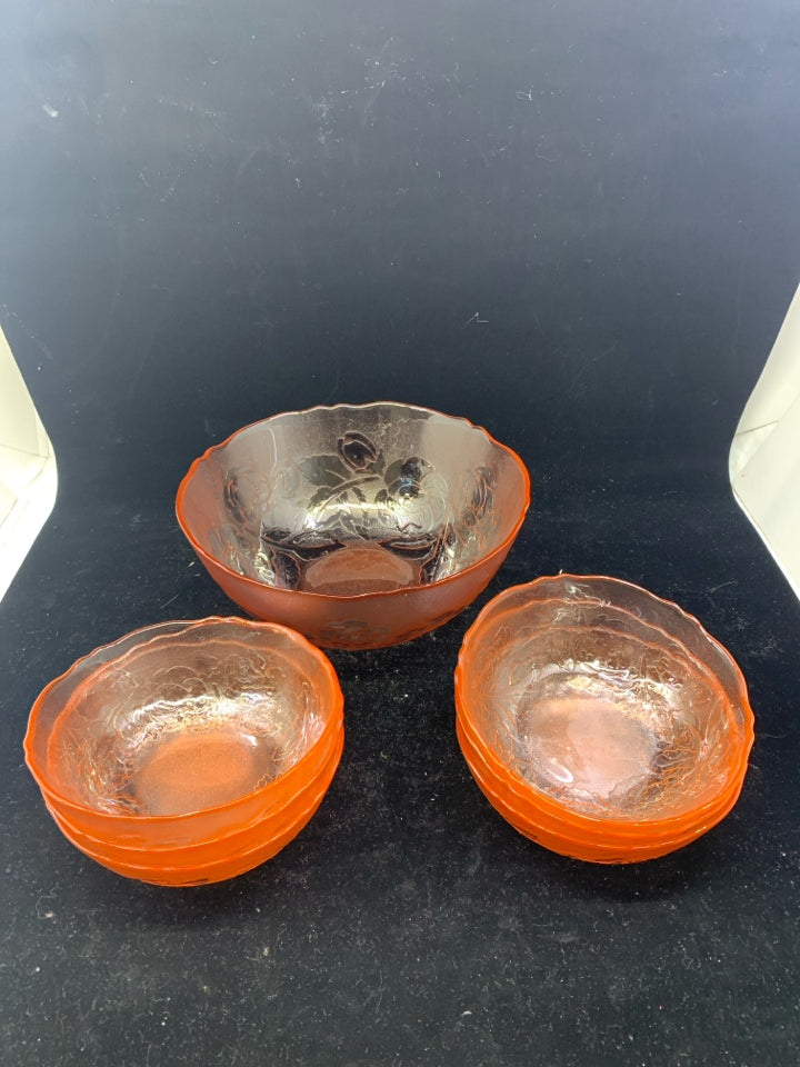 7 PC PINK GLASS SALAD BOWL SET W/ EMBOSSED ROSES.