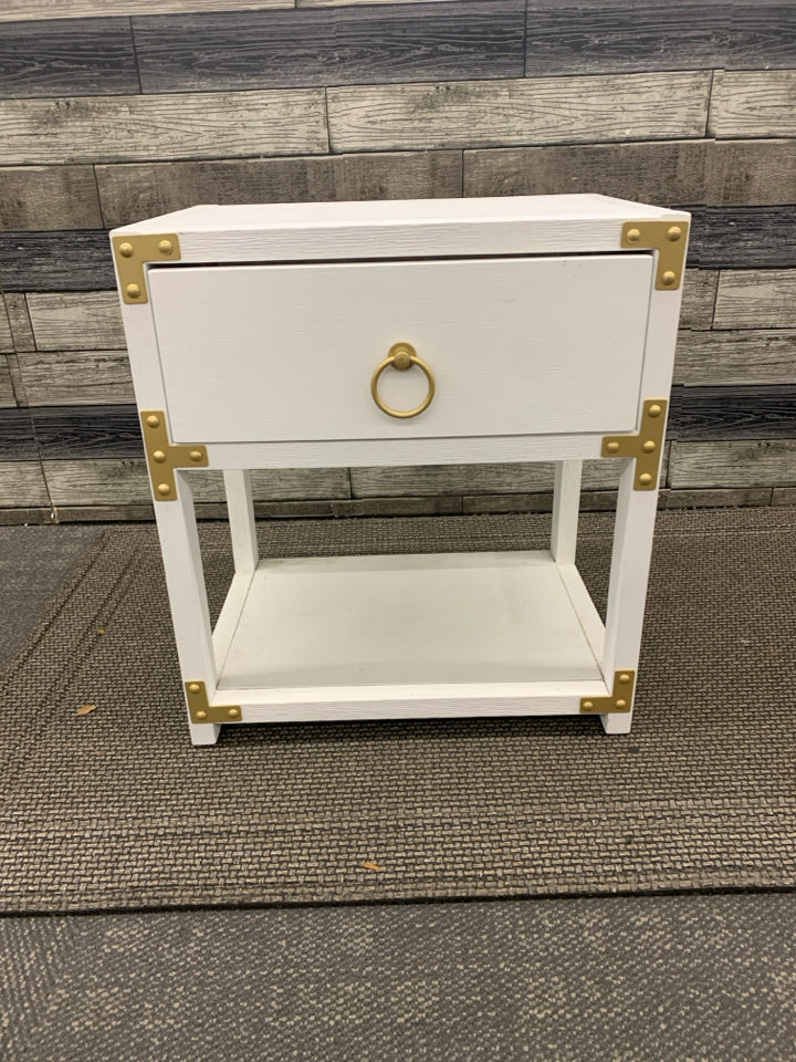 WHITE LOW TWO TIER SIDE TABLE W/ GOLD HARDWARE CIRCLE HANDLES.