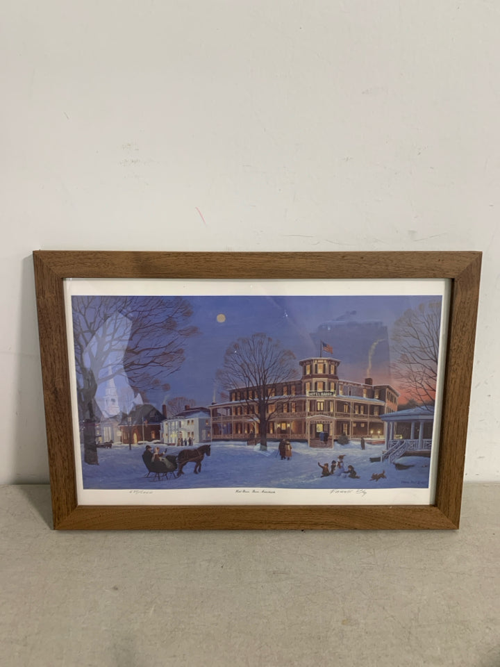 A PRINT OF CHILDREN BUILDING A SNOWMAN "HOTEL BARRE" BY FRANK BLY WALL ART.
