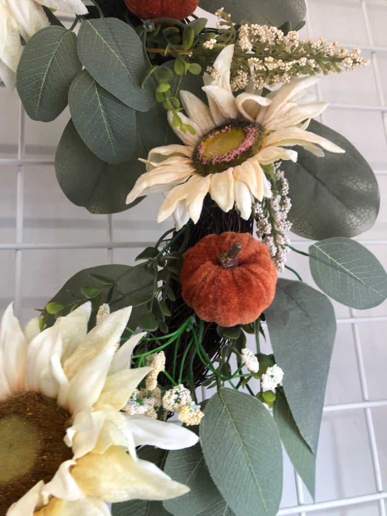 WHITE FAUX FLOWER, PUMPKIN WREATH.