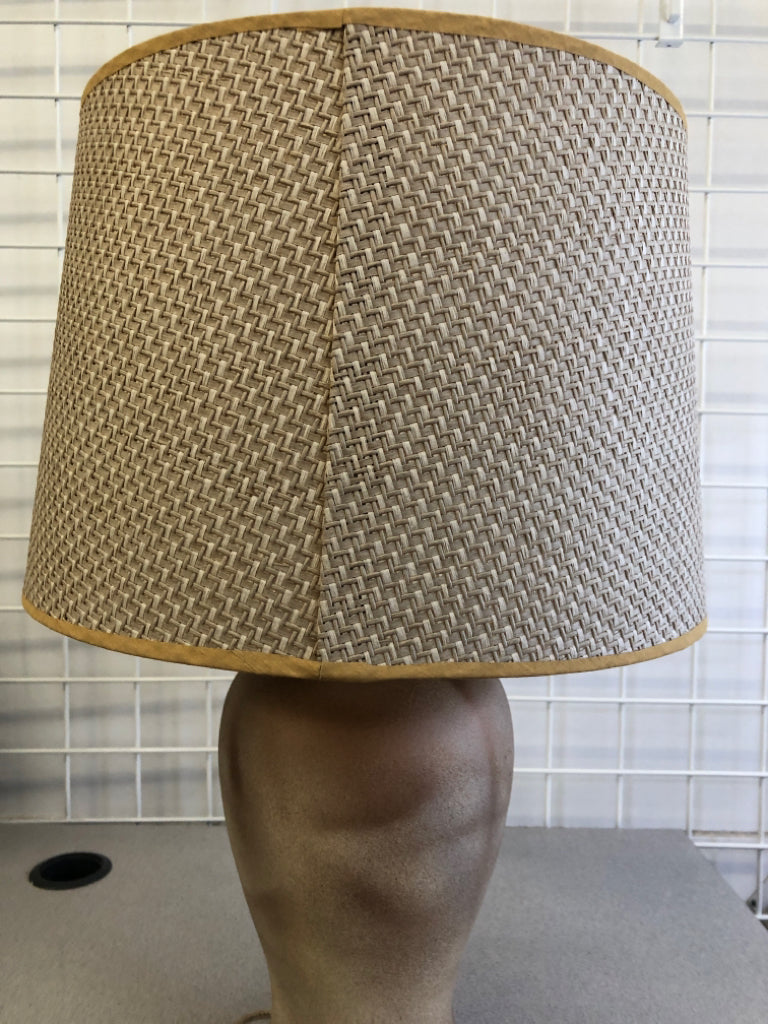 RED AND WHITE OMBRE BASE LAMP W WOVEN SHADE.