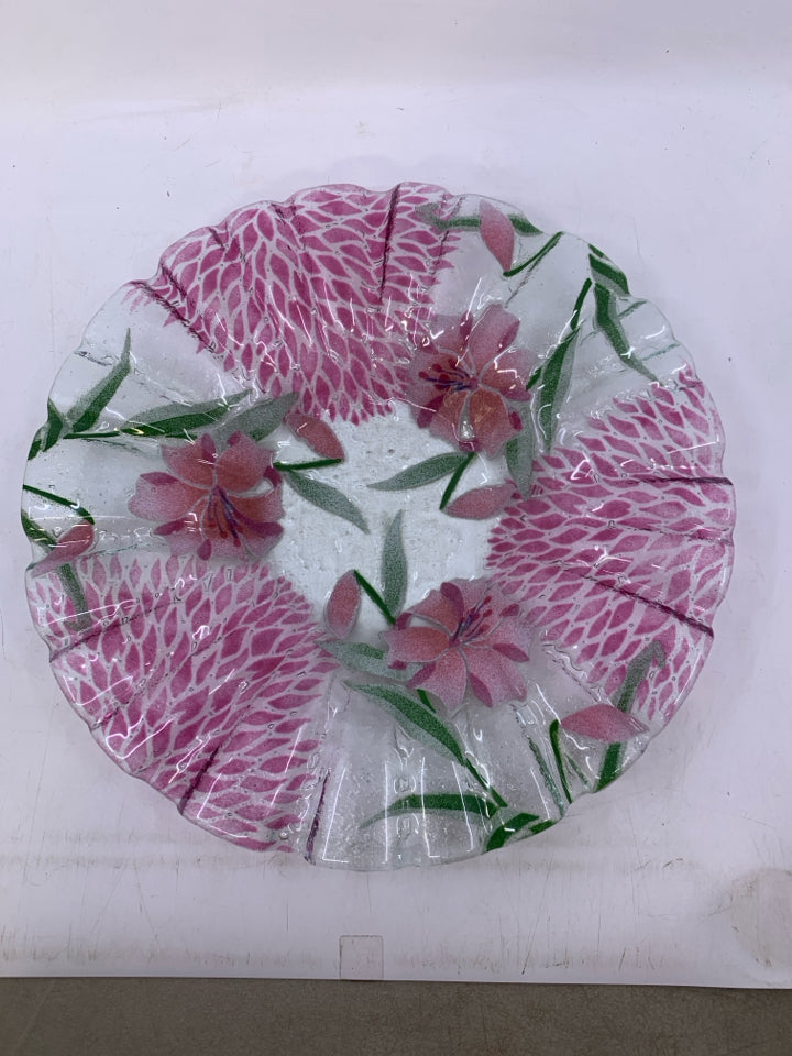 FUSED GLASS PINK FLORAL GLASS BOWL W/ RUFFLED EDGE.