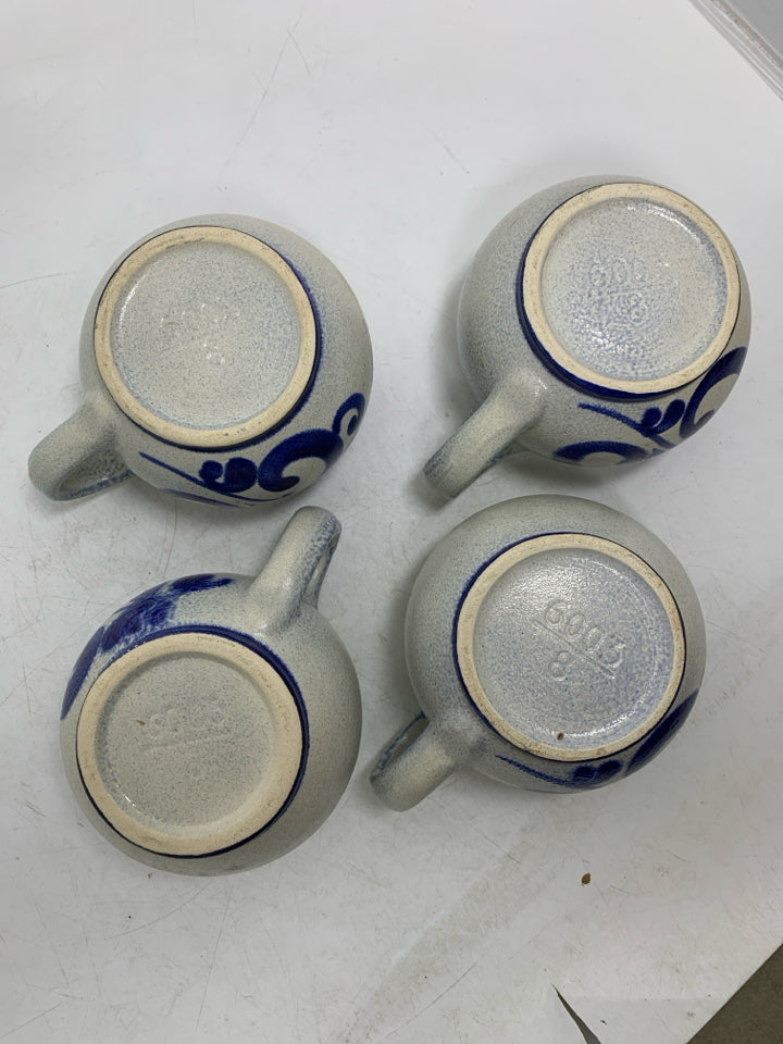 4 VTG COBALT BLUE PAINTED FLOWER MUGS.