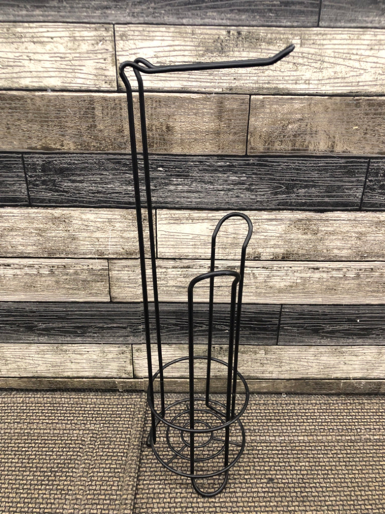 BLACK METAL TOILET PAPER HOLDER EXTRA STORAGE.