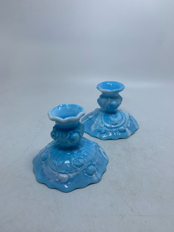 2 VTG CABBAGE ROSE BLUE MARBLE SLAG GLASS TAPERED CANDLE HOLDERS.