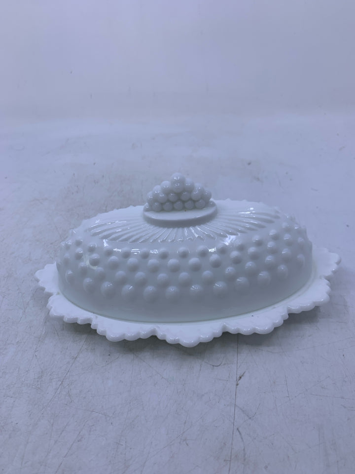 MILKGLASS HOBNAIL OVAL BUTTER DISH.