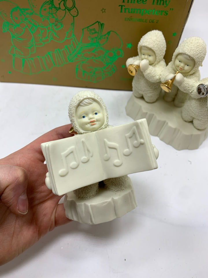 DEPT 56 SNOWBABIES "THREE TINY TRUMPETERS" FIGURINES IN BOX.