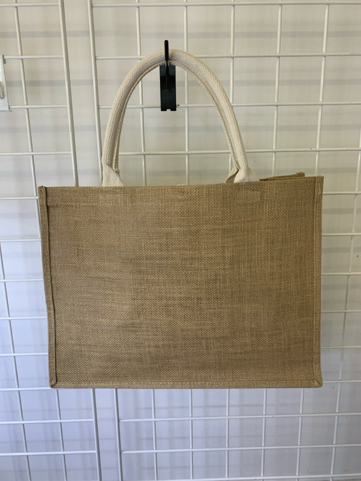 TAN BURLAP TOTE W BUTTON.