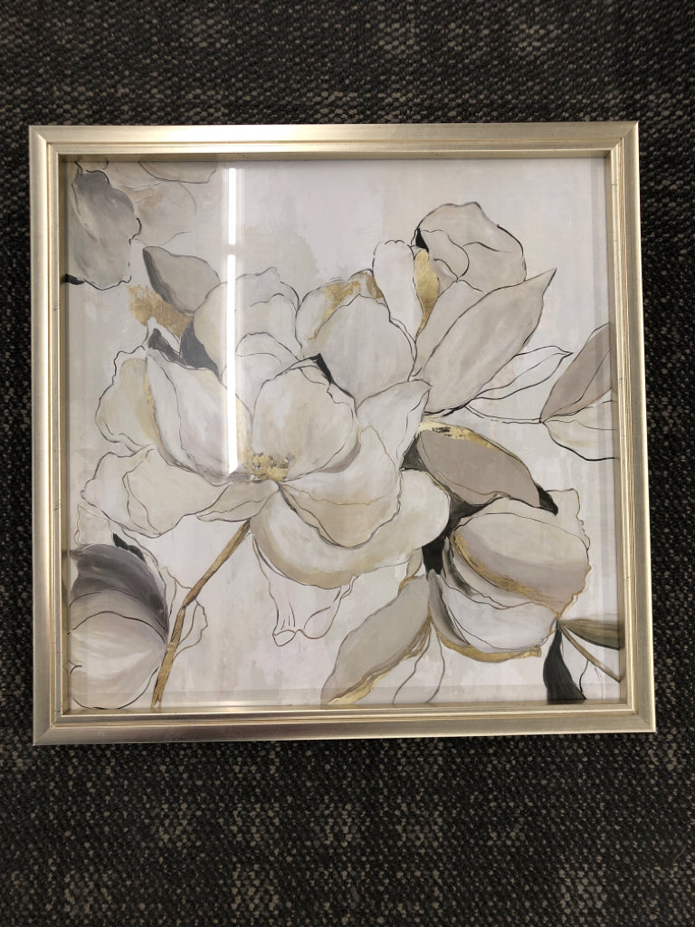 WHITE GREY FLOWERS IN SILVER FRAME.