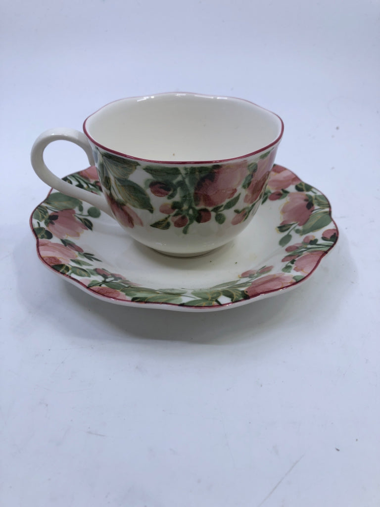 PINK FLORAL WATER COLOR TEACUP AND SAUCER.