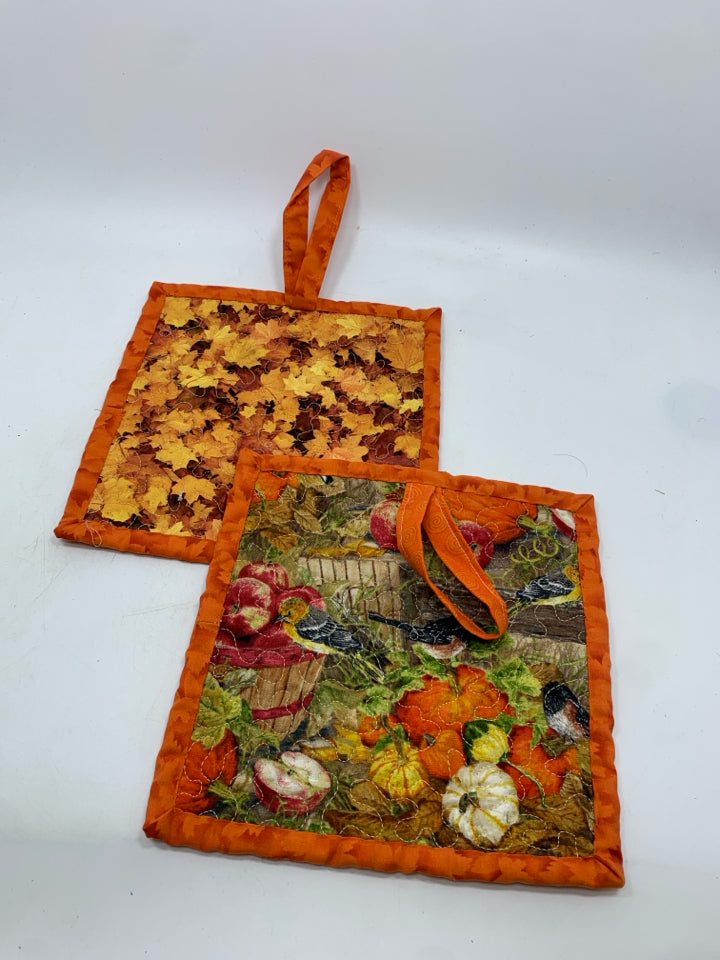 2 FALL STITCHED POT HOLDERS.
