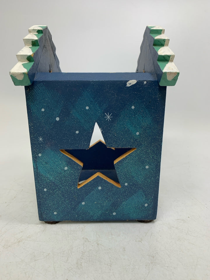 WOOD PAINTED HOUSE SNOWMAN FAMILY PILLAR CANDLE HOLDER W/ PIERCED STARS.