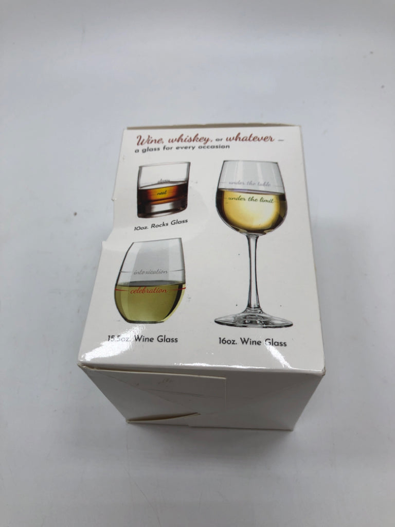 NIB MIND THE LINE STEMLESS WINE GLASS.